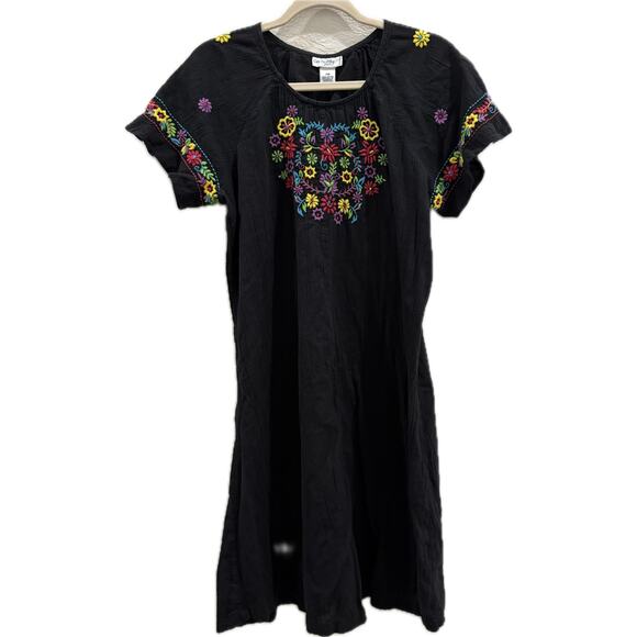 Go Softly Patio Dress Black Patio House Dress Embroidered Flowers 100% Cotton - Picture 1 of 6